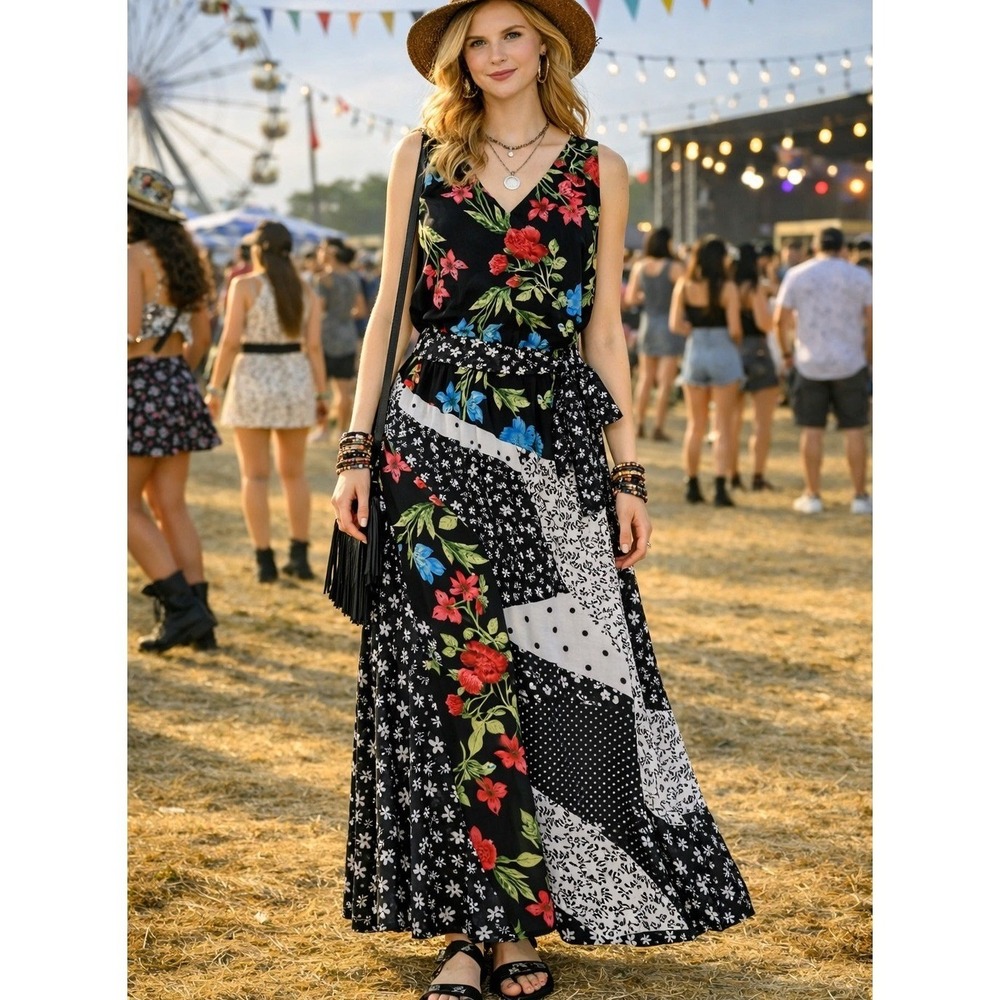 Calvin Klein Artsy Maxi Dress Chiffon Mixed Floral Patchwork Belted Small